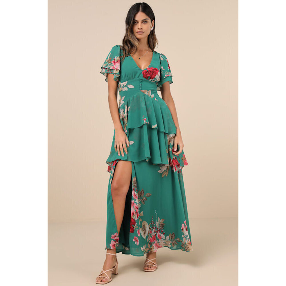 Lulus Midnight Mood Teal Green Floral Print Tiered Maxi Dress - Size S